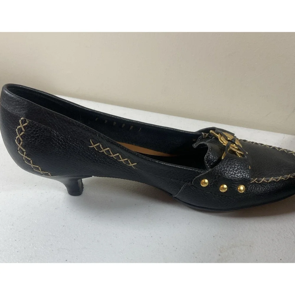 TALBOTS Loafers Pebble Leather Black Kitten Heel Women's Sz 8B Brazil Office EUC